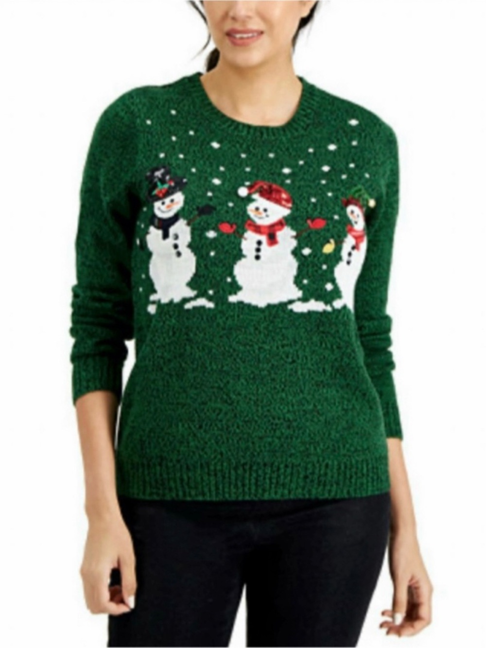 Karen Scott Green Fun festive Holiday Crewneck Embellished Snowman trio sequins